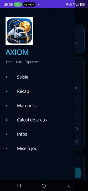 AXIOM : menu de navigation avec Saisie, Récap, Matériels et Calcul de creux.