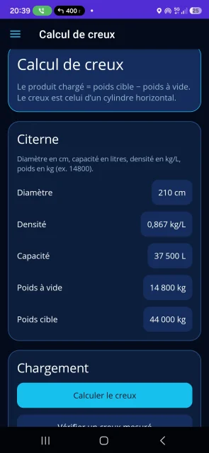 AXIOM : calcul de creux d’une citerne avec diamètre, densité, capacité et poids.