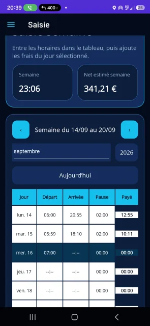 AXIOM : saisie hebdomadaire des horaires, pauses, temps payé et salaire net estimé.
